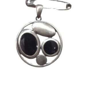 6/$15 Silver & Black Stone Circle Pendant  Modern Minimalist Statement Charm